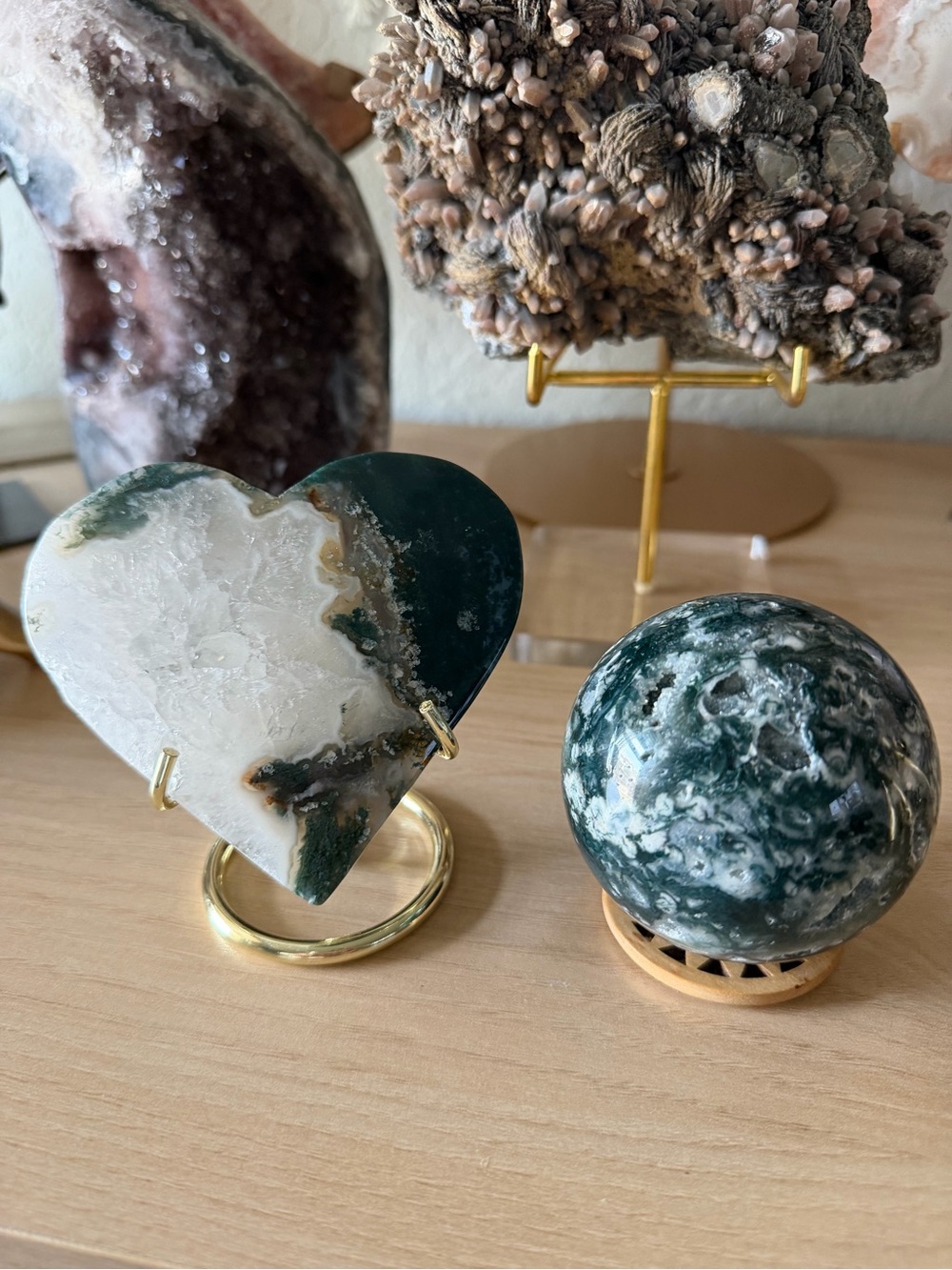 Gorgeous Dark Druzy Moss Agate Set- 69MM Natural Crystal Sphere & Heart